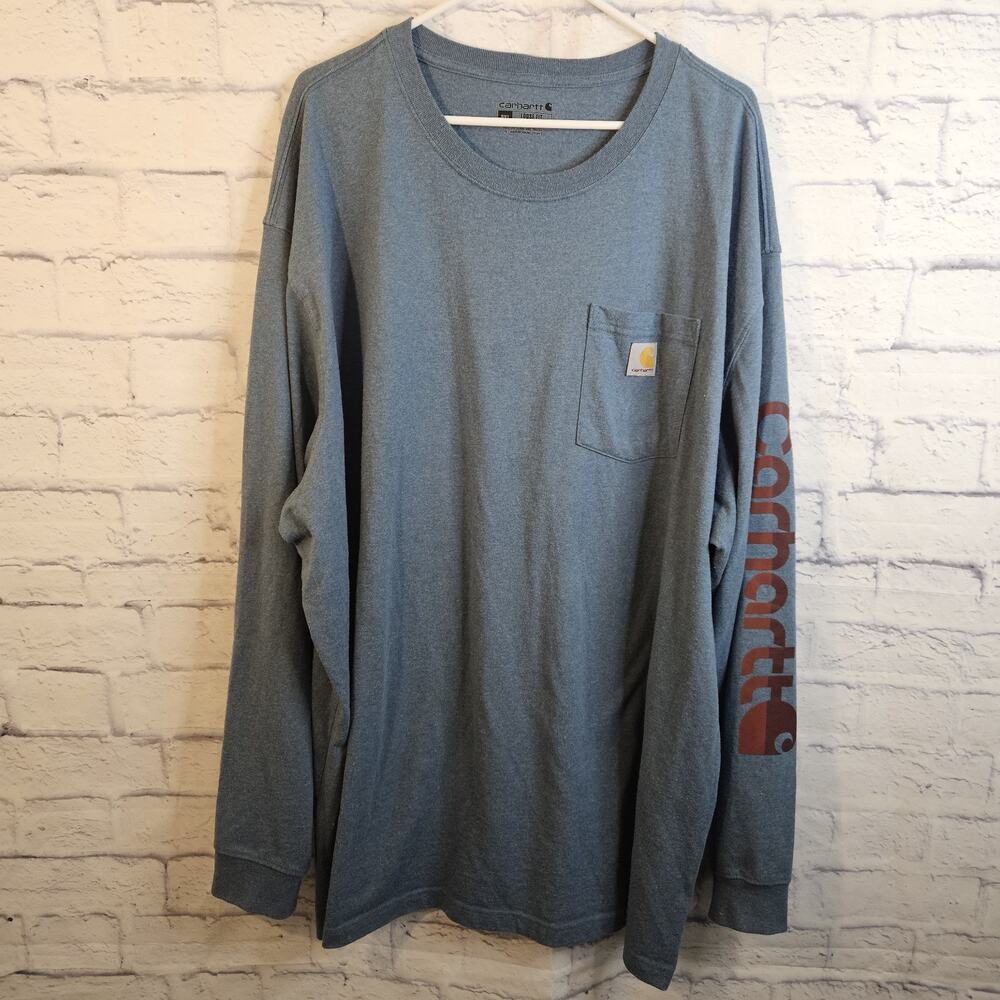 Carhartt Long Sleeve Logo Graphic T-Shirt Mens 3XL Loose Fit Heavyweight Blue
